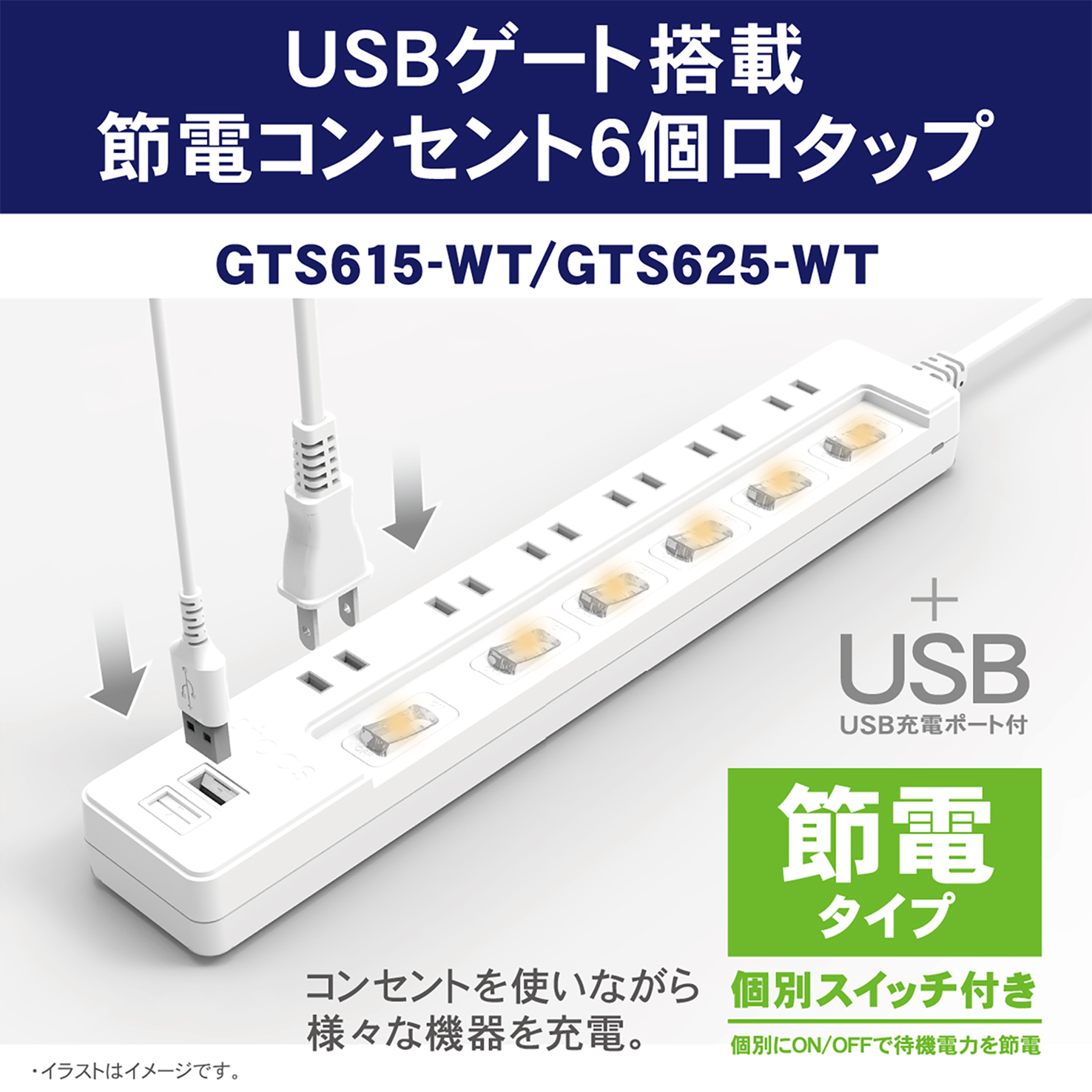 製品情報 | USBゲート搭載 節電コンセント6個口タップ2.5ｍ | GTS625